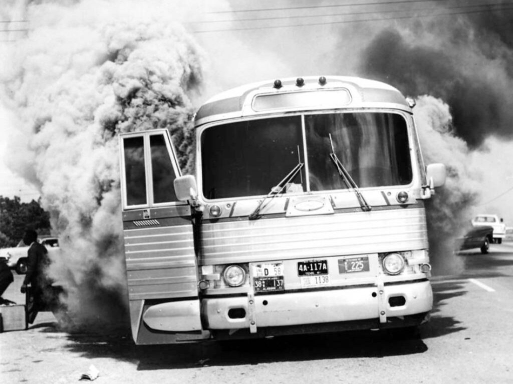 A mob attacked a bus with protesters in Alabama in 1961
